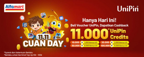 11.11 Cuan Day Bareng Alfamart, Cashback 11.000 UniPin Credits, Hanya Satu Hari!
